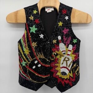 Fashion Fantasy Sequin Vest Women L Black Bowling Pins Stars Vintage Retro VNeck